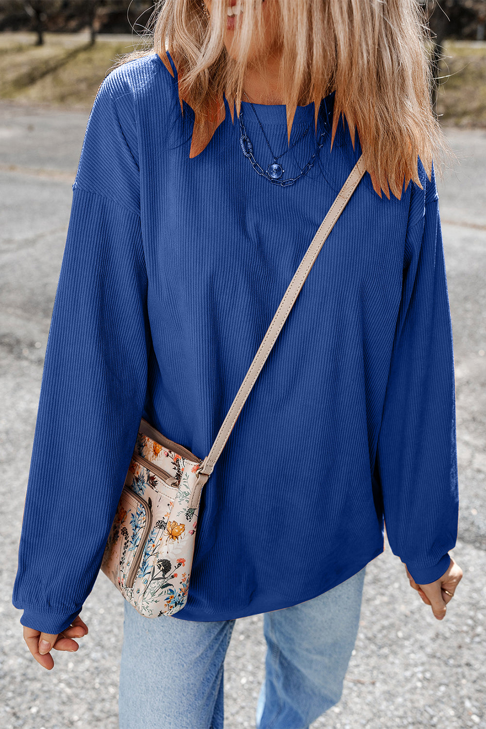 Dark Blue Ribbed Corduroy Oversized Sweatshirt Sweatshirts & Hoodies JT's Designer Fashion