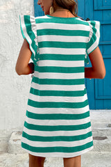 Green Stripe Flutter Sleeve Round Neck Shift Dress Mini Dresses JT's Designer Fashion