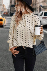 Apricot Polka Dot Print Frilled Collar Lantern Sleeve Blouse Blouses & Shirts JT's Designer Fashion