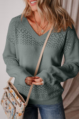 Mist Green Eyelet Pattern Detail V Neck Drop Shoulder Sweater Sweaters JT's Designer Fashion