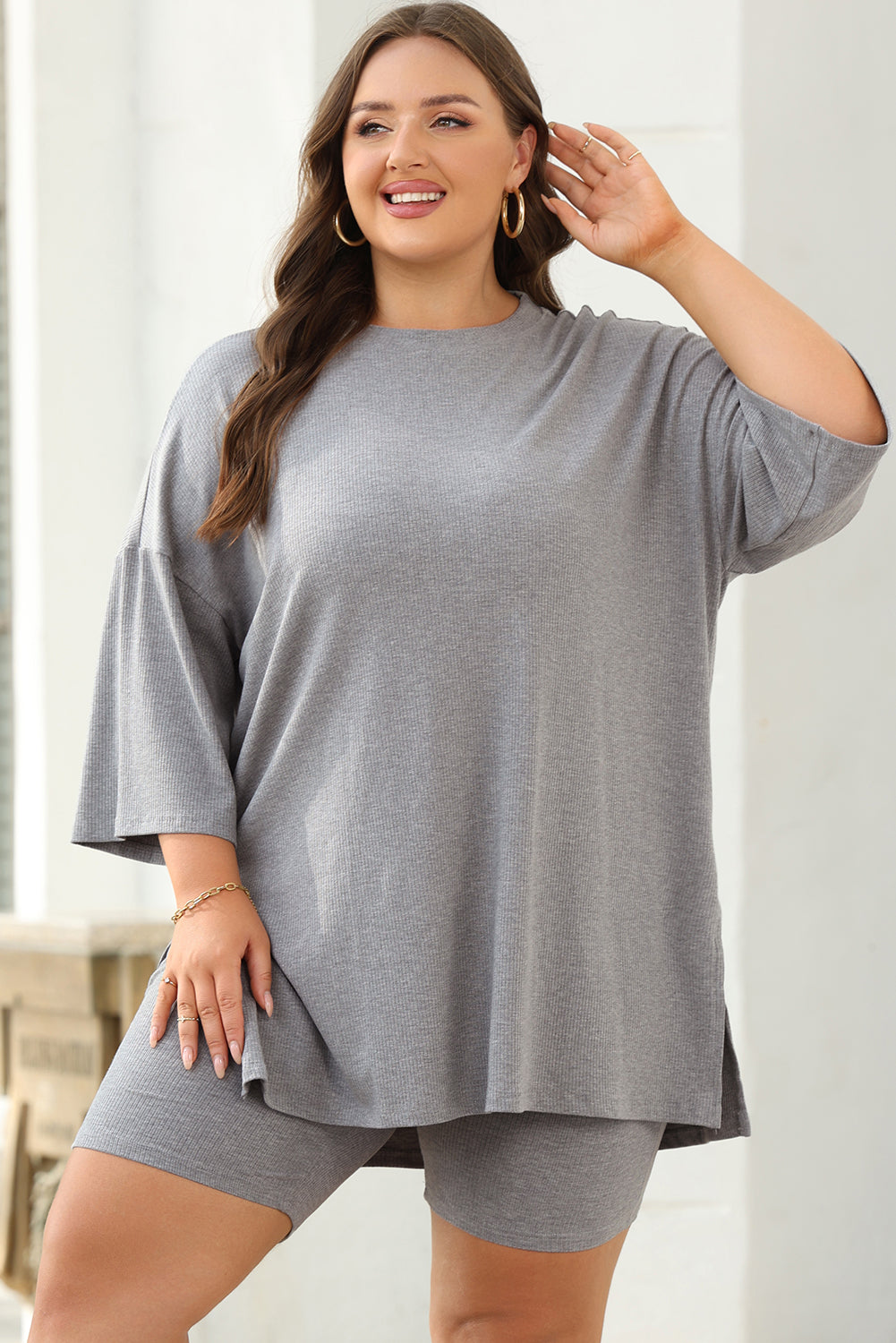 Light Grey Solid Color Loose Tunic Top and Slim Shorts Set Short Sets JT's Designer Fashion