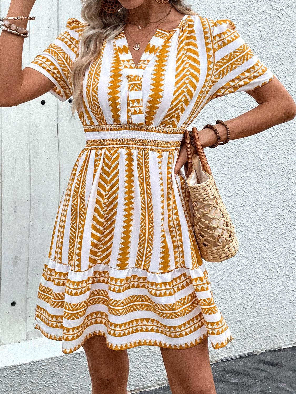 Geometric Notched Short Sleeve Mini Dress Mini Dresses JT's Designer Fashion
