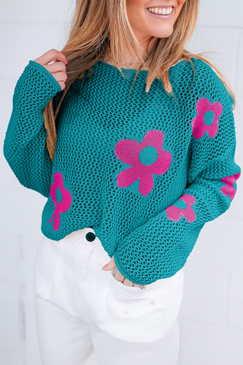 Sea Green Big Flower Hollowed Knit Drop Shoulder Sweater Sea Green 55%Acrylic+45%Cotton Sweaters JT's Designer Fashion