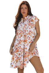 Apricot Floral Geometric Print Ruffled Trim Flutter Sleeve Mini Dress Floral Dresses JT's Designer Fashion