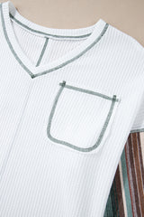White Striped Patchwork Exposed Seam Waffle Knit Top Long Sleeve Tops JT's Designer Fashion