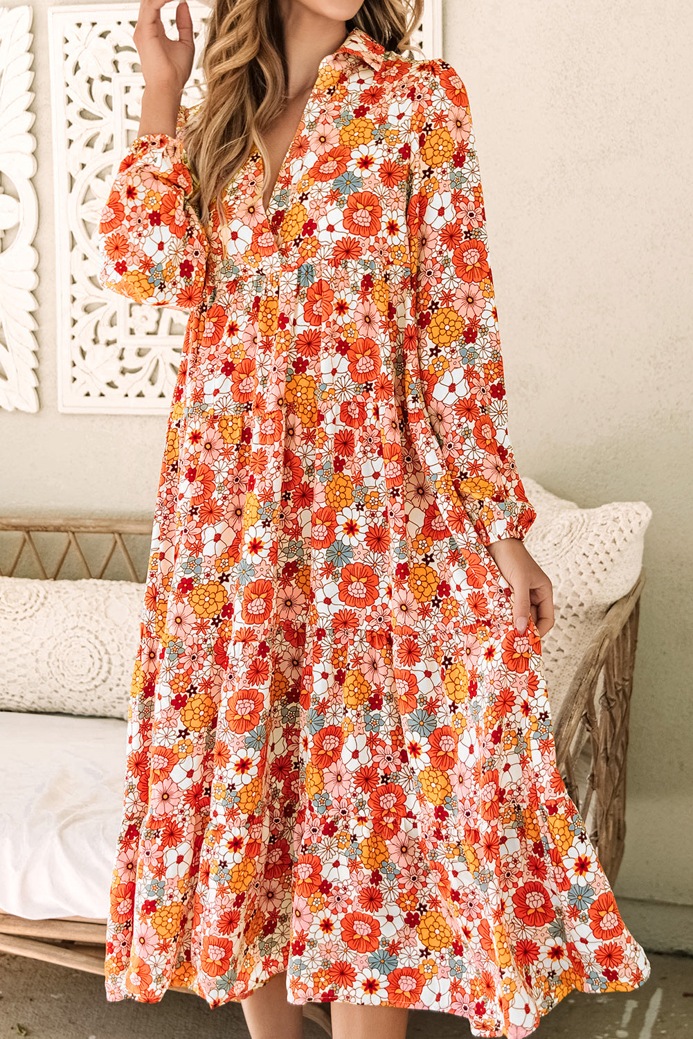 Multicolor Boho Floral Collared Long Sleeve Ruffled Dress Floral Dresses JT's Designer Fashion
