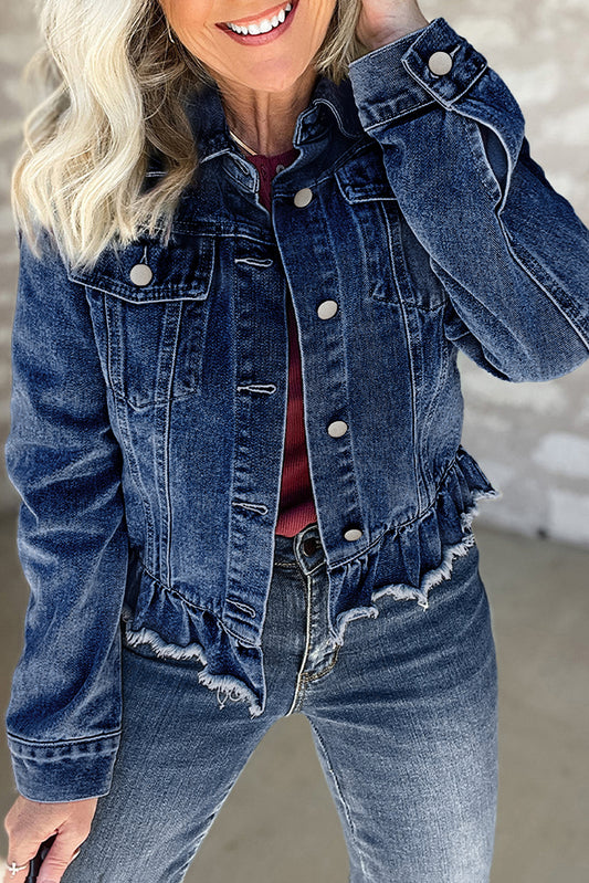 Navy Blue Ruffle Raw Hem Flap Pockets Denim Jacket Navy Blue 75%Cotton+25%Polyester Denim Jackets JT's Designer Fashion