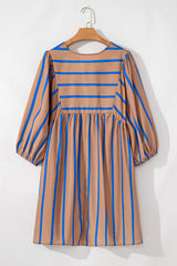 Khaki Stripe Contrast Striped Print 3/4 Sleeve Babydoll Plus Size Dress Plus Size Mini Dresses JT's Designer Fashion