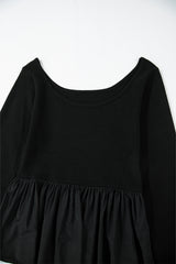 Black Ribbed Knit Long Sleeve Scoop Neck Peplum Patchwork Top Long Sleeve Tops JT's Designer Fashion