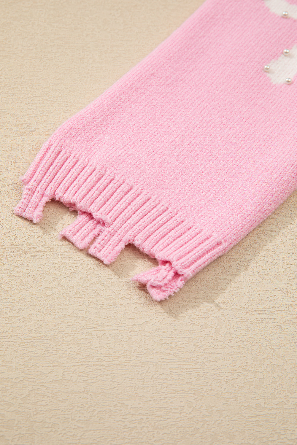 Pink Pearl Beaded Bowknot Pattern Distressed Split Hem Sweater Sweaters JT's Designer Fashion