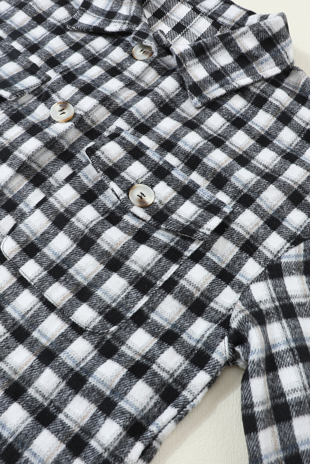 Black Plaid Print Chest Pockets Buttoned Tunic Shacket Plaid Shackets JT's Designer Fashion