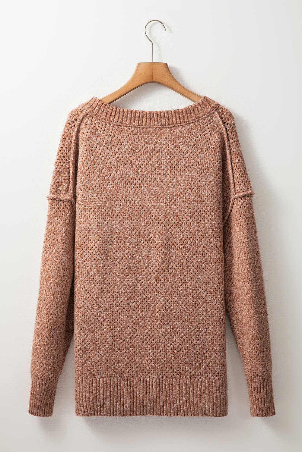 Dark Brown Loose Eyelet V Neck Drop Shoulder Sweater Sweaters JT's Designer Fashion