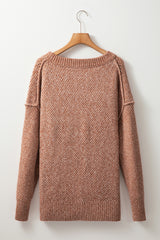 Dark Brown Loose Eyelet V Neck Drop Shoulder Sweater Sweaters JT's Designer Fashion