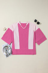 Bright Pink Textured Colorblock 3/4 Sleeve Oversize Top Long Sleeve Tops JT's Designer Fashion