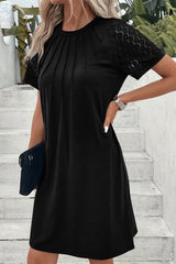 Black Contrast Lace Raglan Sleeve Pleated Detail Shift Dress T Shirt Dresses JT's Designer Fashion
