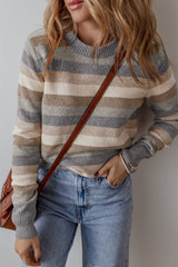 Gray Stripe Color Block Ribbed Edge Round Neck Sweater Sweaters JT's Designer Fashion