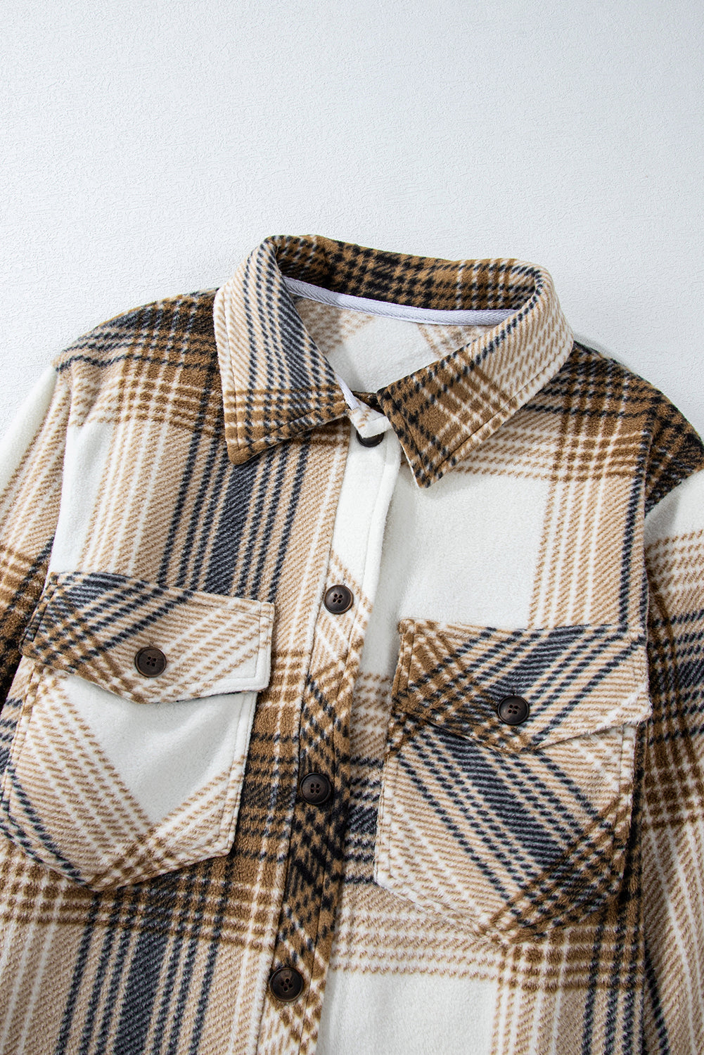 Multicolour Plaid Print Flap Pocket Button Up Shacket Plaid Shackets JT's Designer Fashion