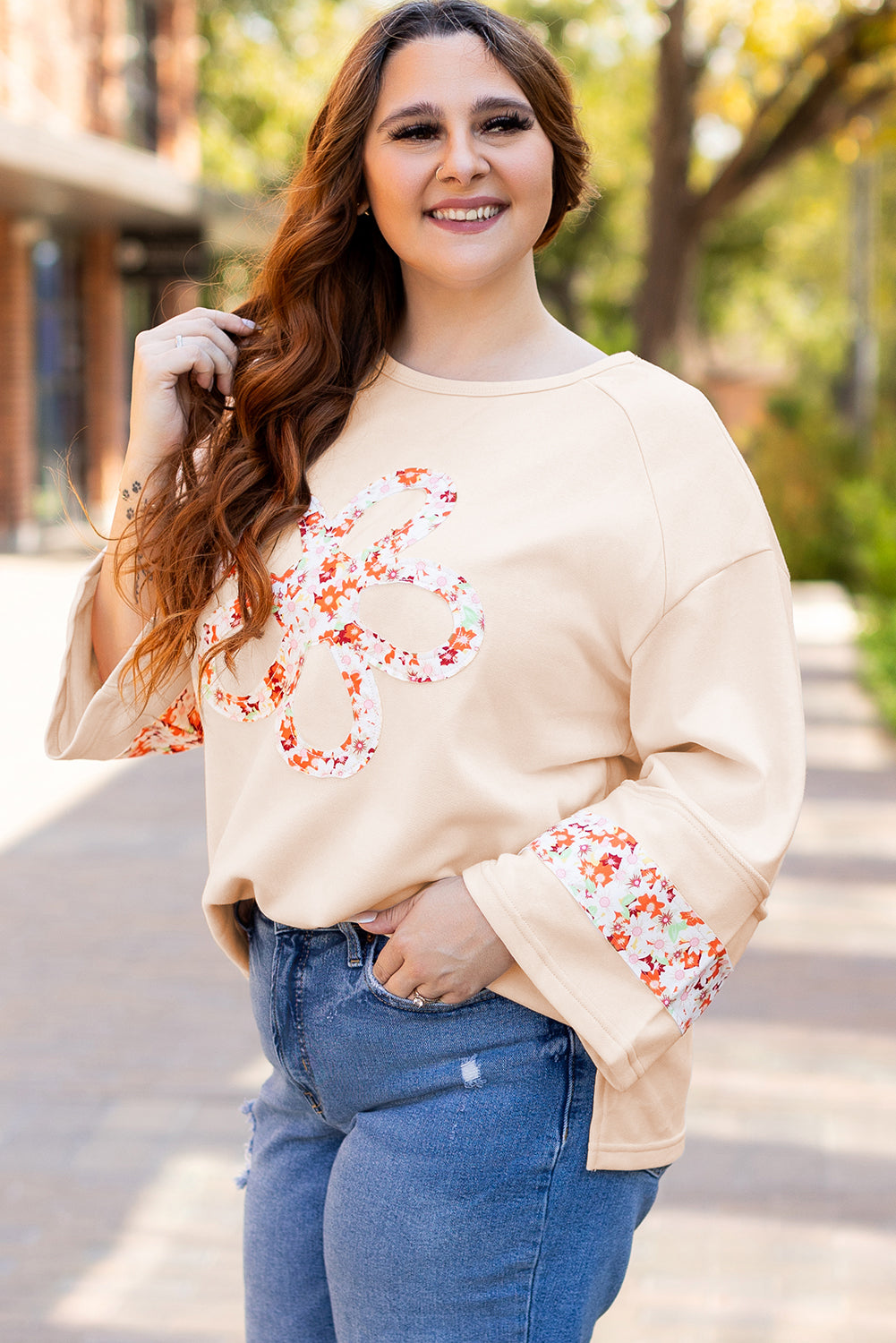 Beige Plus Size Flower Patched Side Slits Crewneck Top Plus Size Tops & Tees JT's Designer Fashion