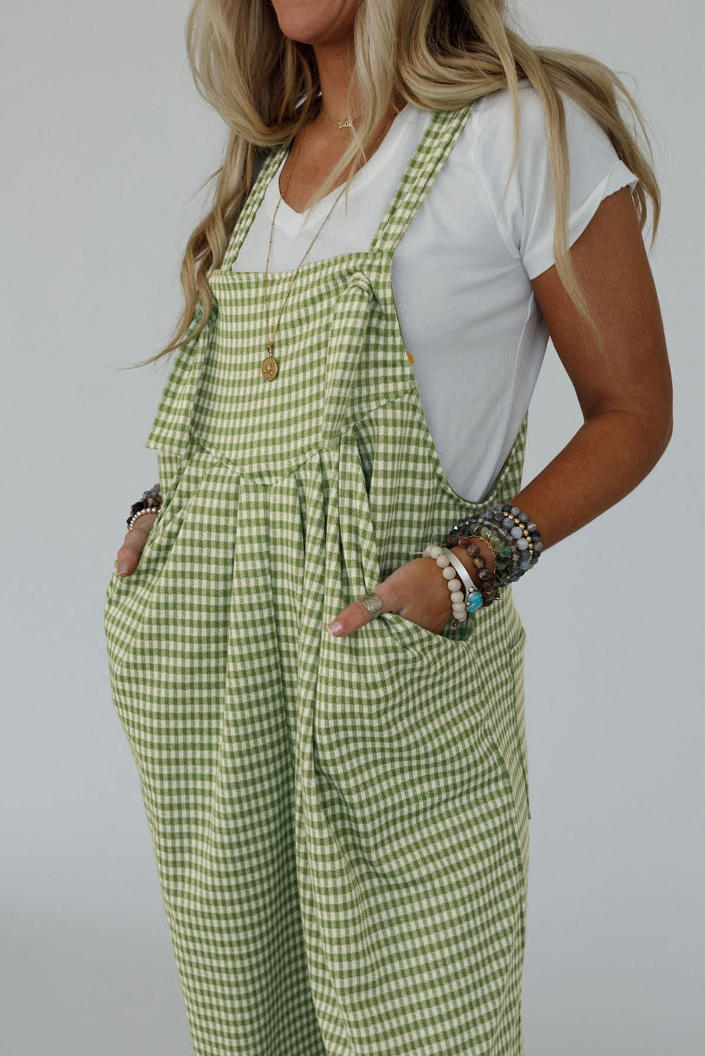 Green Gingham Wide Leg Loose Overall with Pockets Jumpsuits & Rompers JT's Designer Fashion