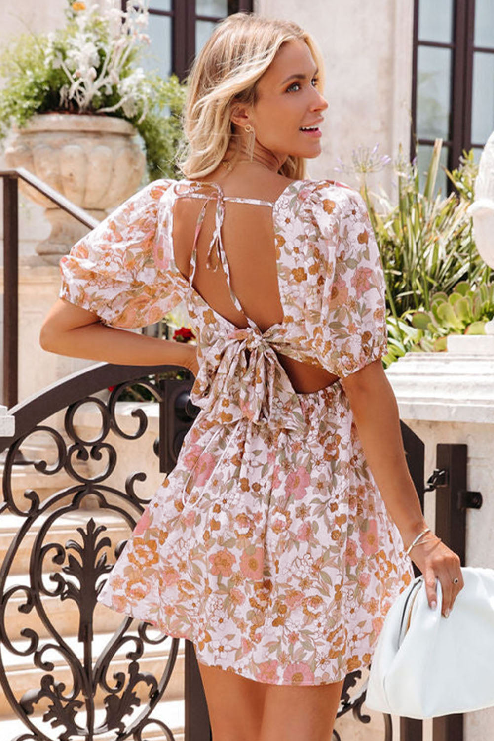 White Floral Print Bow Knot Backless Square Neck Mini Dress Floral Dresses JT's Designer Fashion