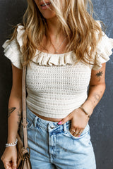 Beige Ruffled Short Sleeve U Neck Textured Sheath Crop Top Sweaters & Cardigans JT's Designer Fashion