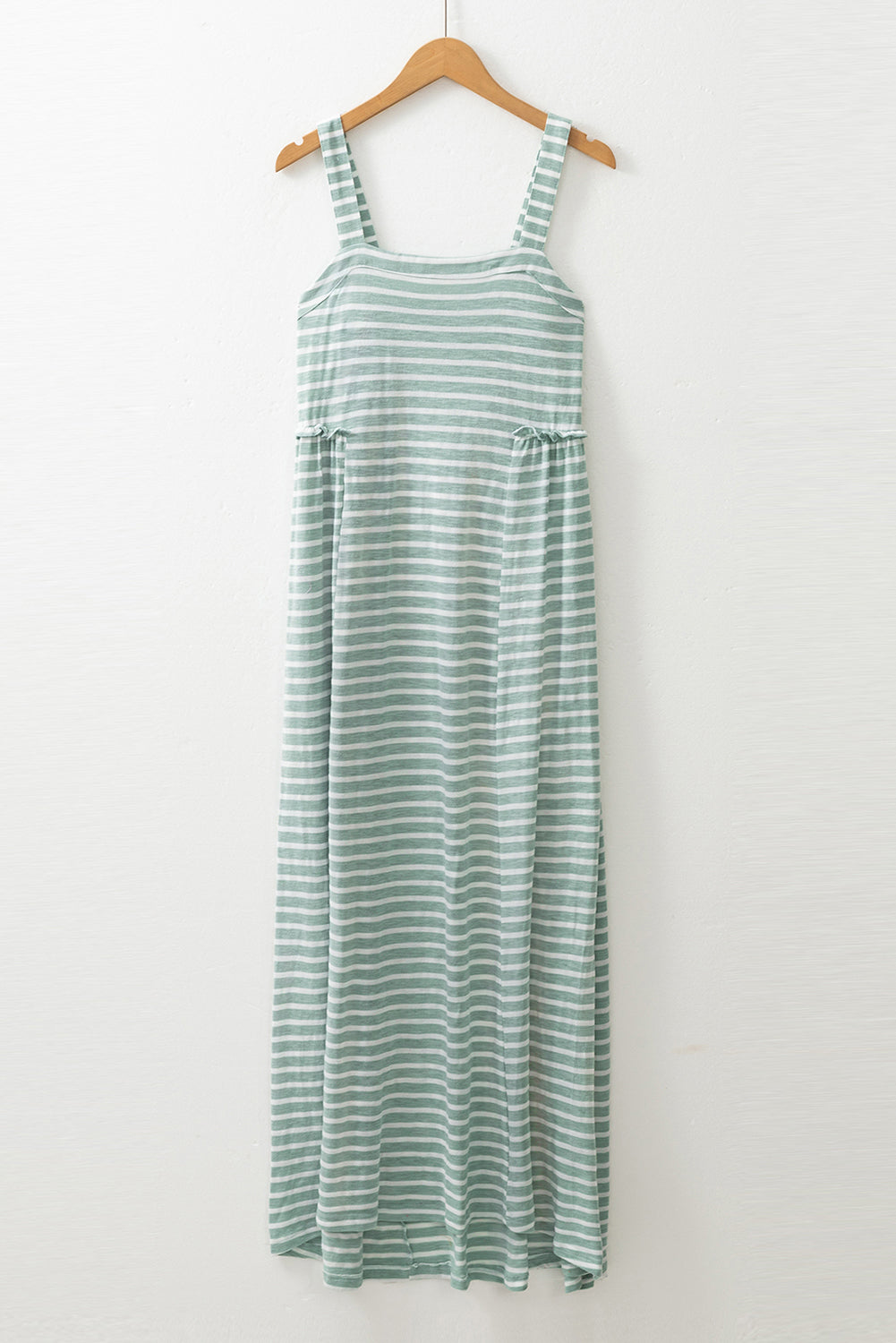 Green Stripe Shirred Frilled High Waist Sleeveless Loose Fit Long Dress Maxi Dresses JT's Designer Fashion