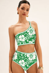 Green Floral Print One Shoulder High Waist Bikini Set Bikinis JT's Designer Fashion