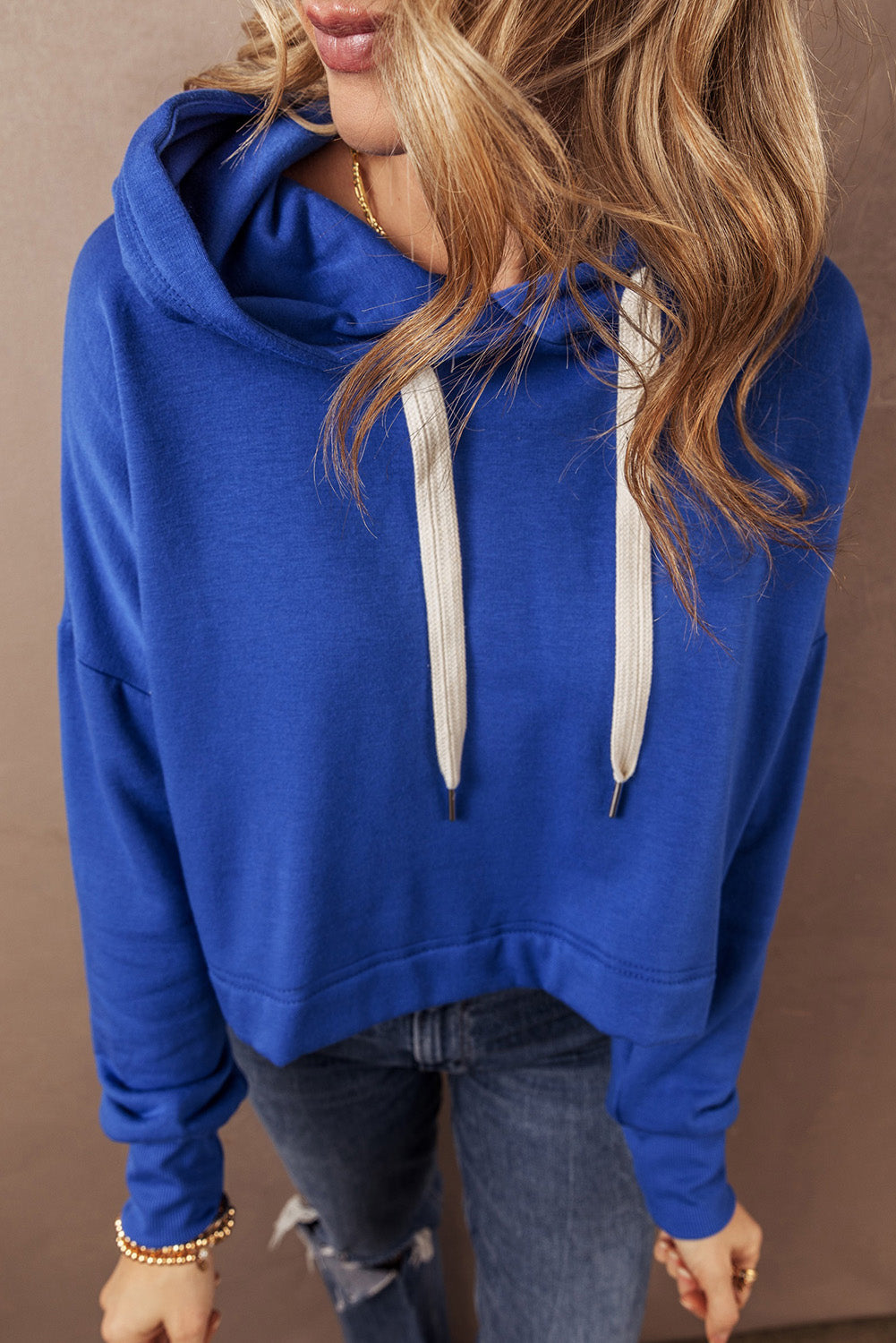Dark Blue Solid Drop Shoulder Drawstring Cropped Hoodie Sweatshirts & Hoodies JT's Designer Fashion