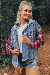 Beau Blue Plaid Print Patchwork Hooded Raw Hem Denim Jacket Denim Jackets JT's Designer Fashion
