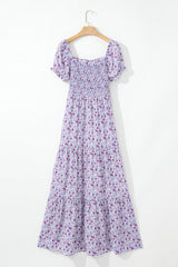Purple Floral Short Bubble Sleeve Shirred High Waist Long Dress Maxi Dresses JT's Designer Fashion