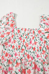 Pink Floral Puff Sleeve Square Neck Empire Waist Tiered Maxi Dress Floral Dresses JT's Designer Fashion