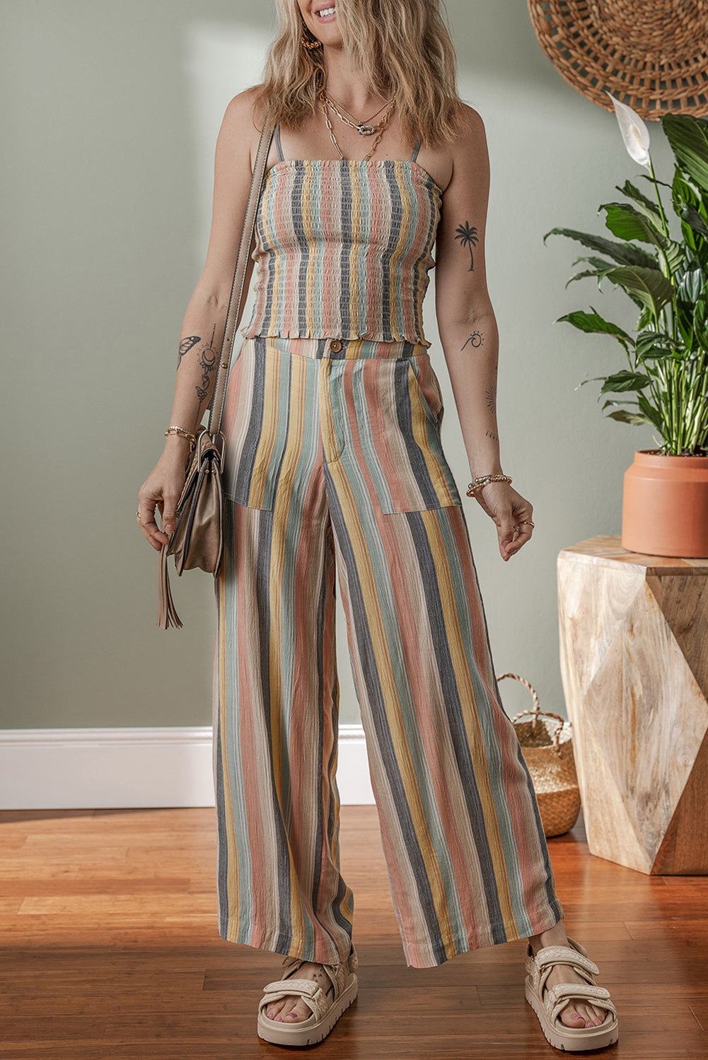Multicolour Vertical Striped Smocked Cami Top Wide Leg Pants Set Pant Sets JT's Designer Fashion