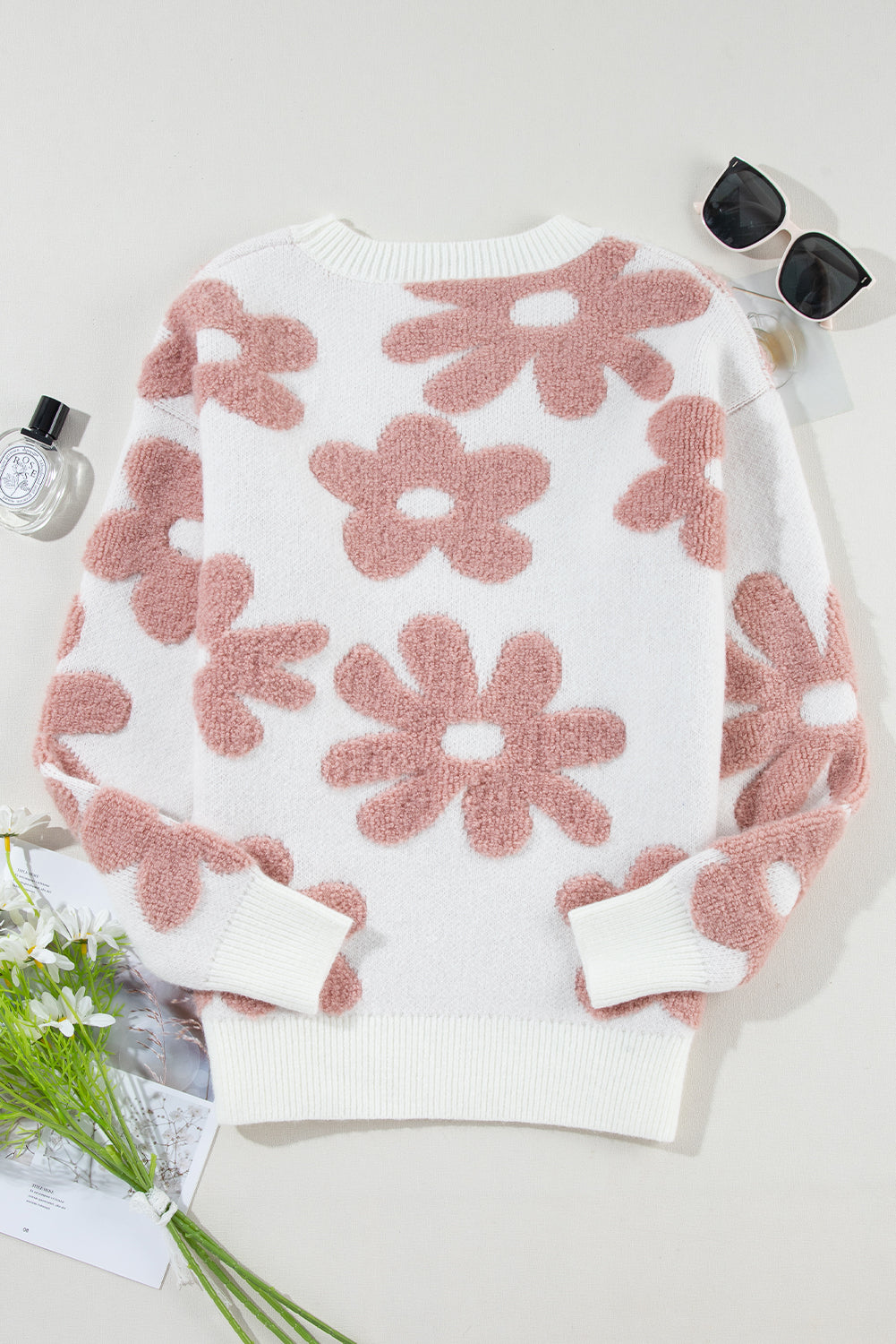 White Textured Flower Drop Shoulder Loose Sweater Sweaters JT's Designer Fashion