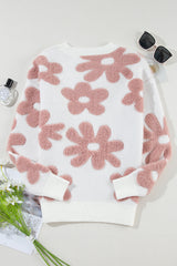 White Textured Flower Drop Shoulder Loose Sweater Sweaters JT's Designer Fashion