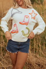 White Tinsel Western Boots Horseshoe Star Knit Crew Neck Sweater Sweaters JT's Designer Fashion