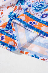 Sky Blue Mixed Floral Print Tie Split Neck Short Sleeve Dress Floral Dresses JT's Designer Fashion