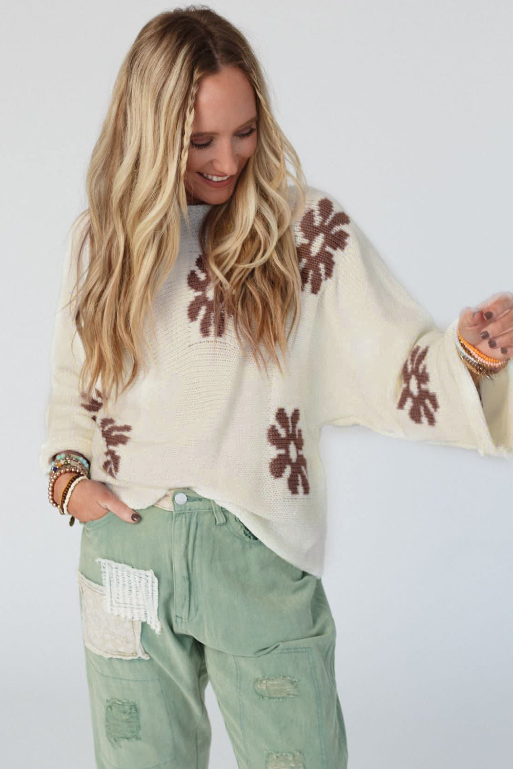 White Colorblock Floral Pattern Round Neck Sweater Sweaters JT's Designer Fashion