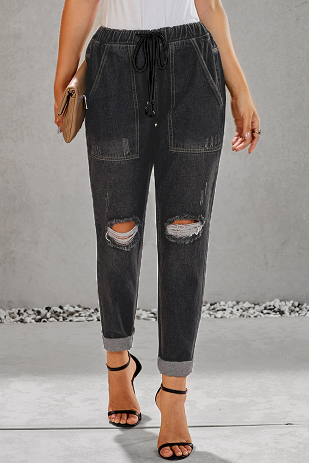 Black Gather Round Distressed Pocketed Denim Jogger Jeans JT's Designer Fashion