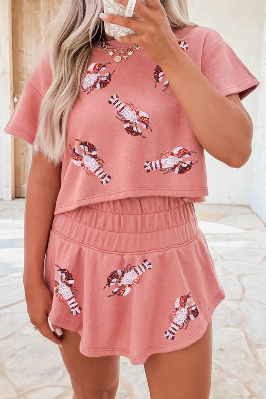 Blossom Sequin Crawfish Graphic Cropped Tee High Waist Skort 2pcs Outfit Blossom 75%Polyester+20%Cotton+5%Elastane Graphic Sets JT's Designer Fashion