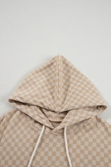 Khaki Checkered Print Kangaroo Pocket Drawstring Hoodie Sweatshirts & Hoodies JT's Designer Fashion