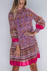 Purple Floral Smocked Puff Sleeve High Neck Mini Dress Floral Dresses JT's Designer Fashion