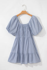 Sky Blue Stripe Bubble Sleeve Square Neck Ruched Pocketed Babydoll Dress Mini Dresses JT's Designer Fashion