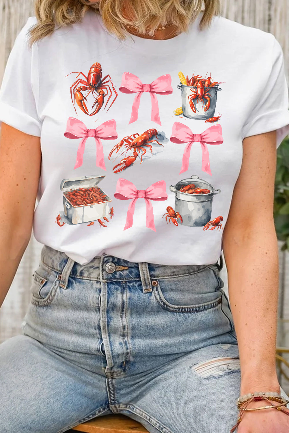 White Crawfish Boil Bow Graphic Crewneck Tee Graphic Tees JT's Designer Fashion
