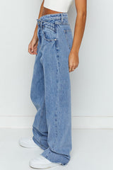 Blue Mid Rise Asymmetrical Waist Wide Leg Jeans Jeans JT's Designer Fashion