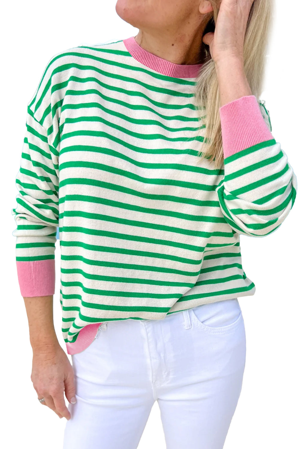 Bright Green Striped Contrast Edge Long Sleeve Top Long Sleeve Tops JT's Designer Fashion