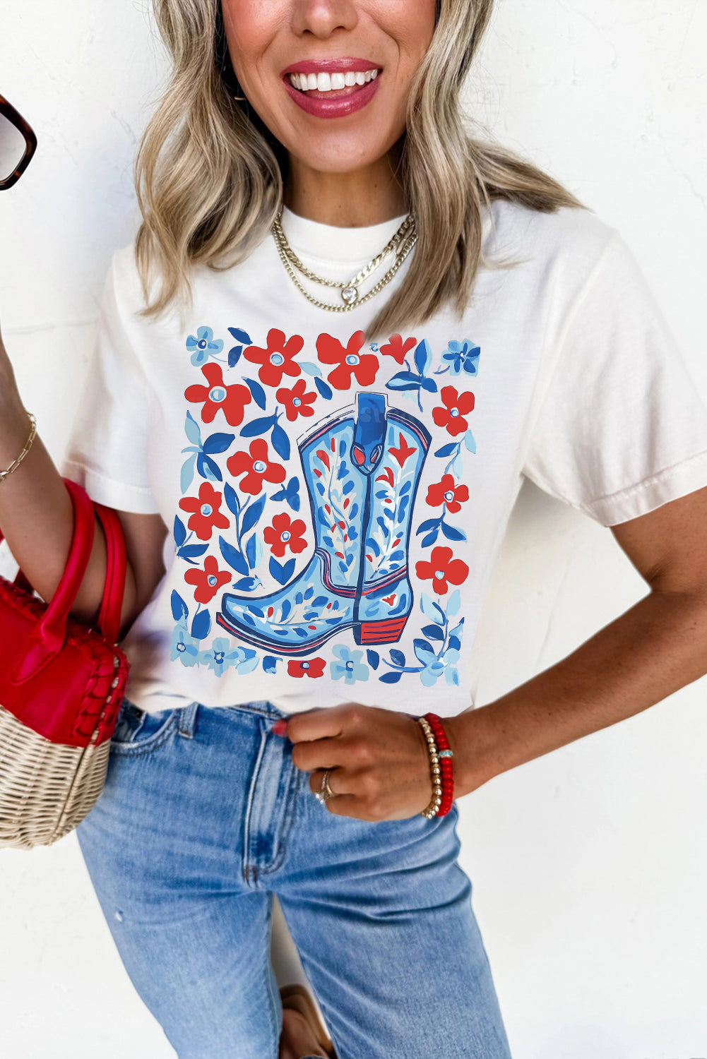 White Floral Western Boots Printed Cotton Blend T Shirt Graphic Tees JT's Designer Fashion