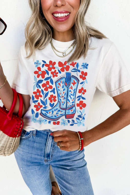 White Floral Western Boots Printed Cotton Blend T Shirt Graphic Tees JT's Designer Fashion