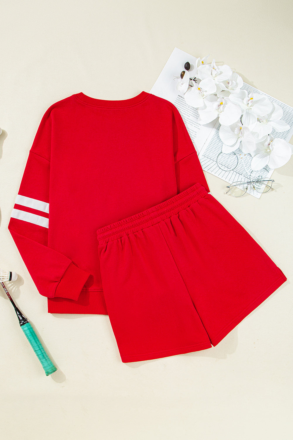 Fiery Red Varsity Striped Sleeve Drop Shoulder Sweatshirt and Short Set Short Sets JT's Designer Fashion