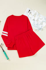Fiery Red Varsity Striped Sleeve Drop Shoulder Sweatshirt and Short Set Short Sets JT's Designer Fashion
