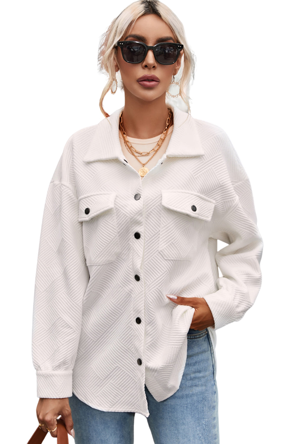 Solid Textured Flap Pocket Buttoned Shacket Jackets JT's Designer Fashion